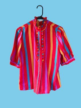 Alice Stuart Vintage 80s Red Rainbow Stripe Ruffle Victorian Blouse Size L